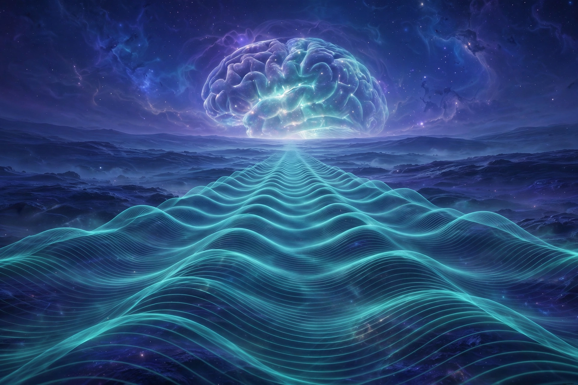 Turquoise sound waves converging toward a luminous brain-like nebula above an indigo horizon