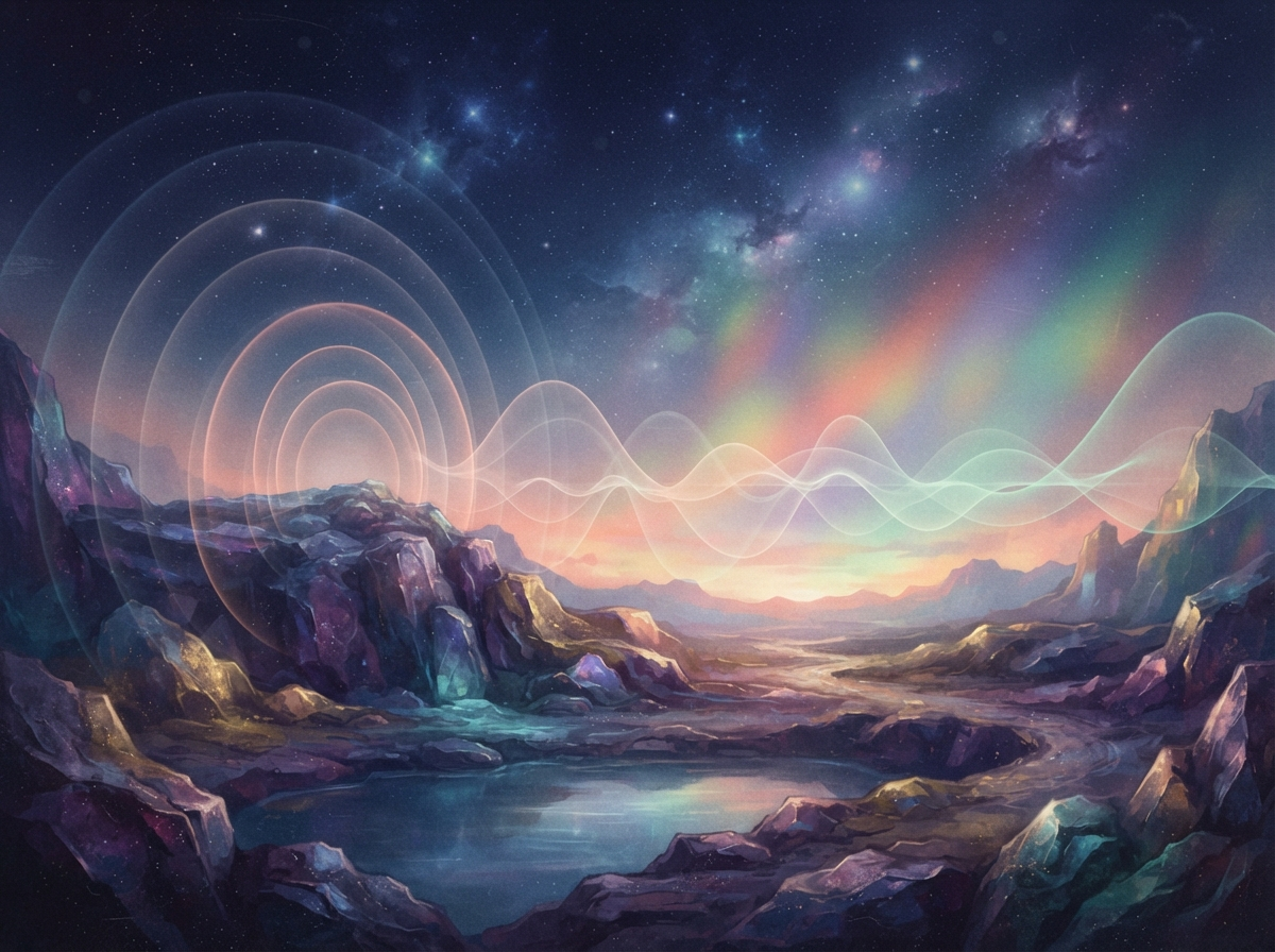 Translucent sound waves moving through a cosmic landscape