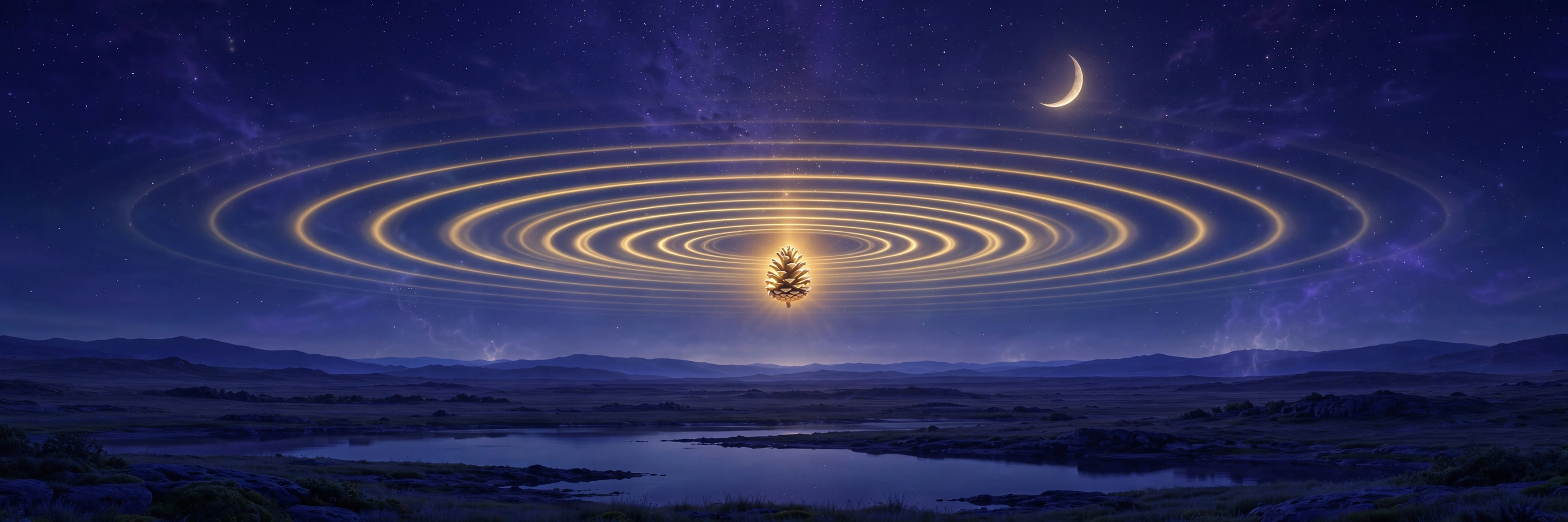 A glowing pinecone-shaped light radiating golden sound waves above a calm indigo astral landscape