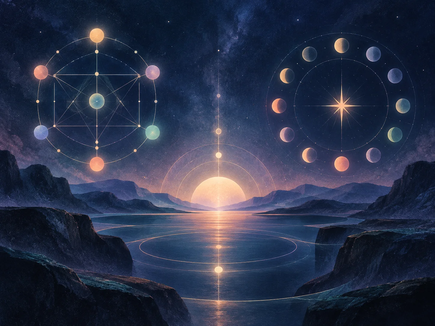 Two symbolic celestial diagrams meeting above a calm indigo horizon
