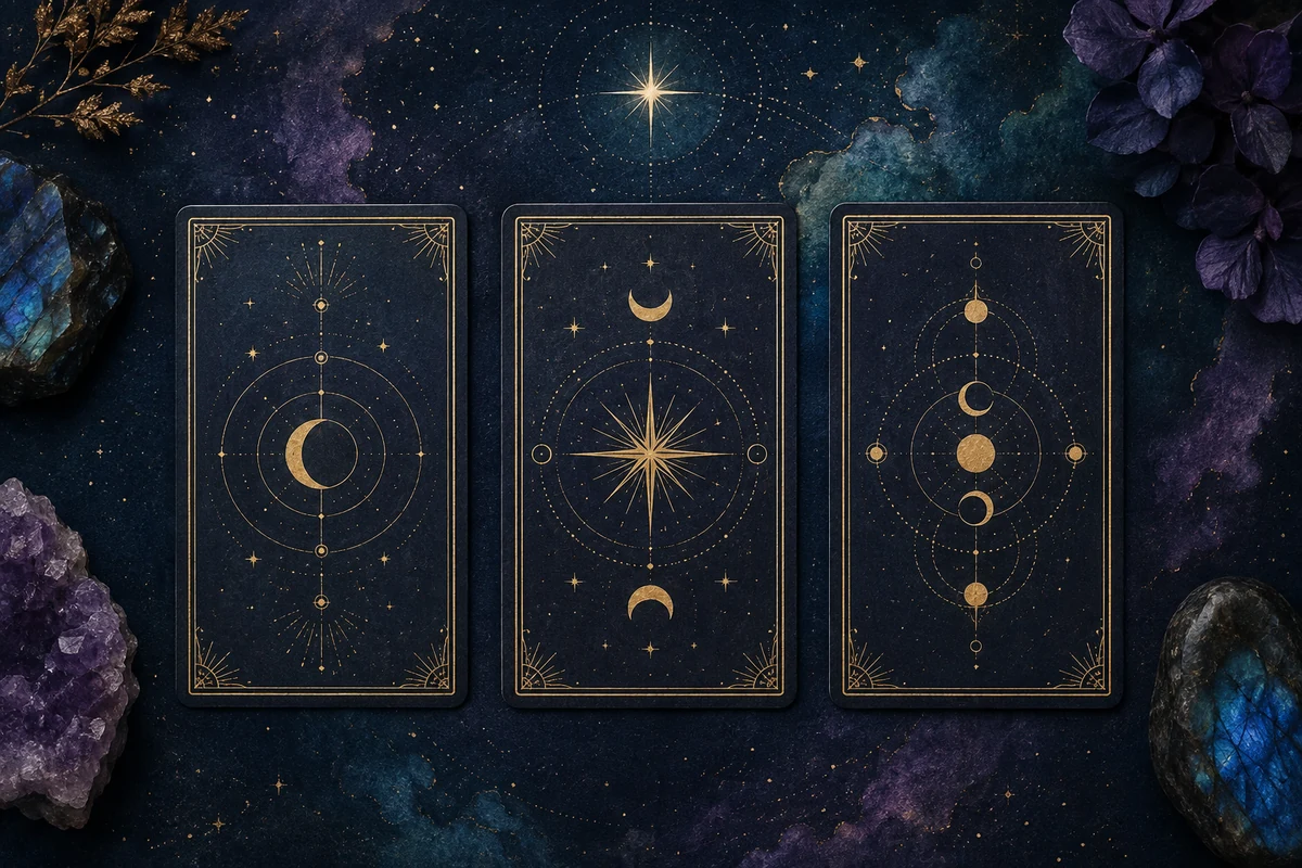 Three upright celestial tarot cards in a calm indigo astral setting