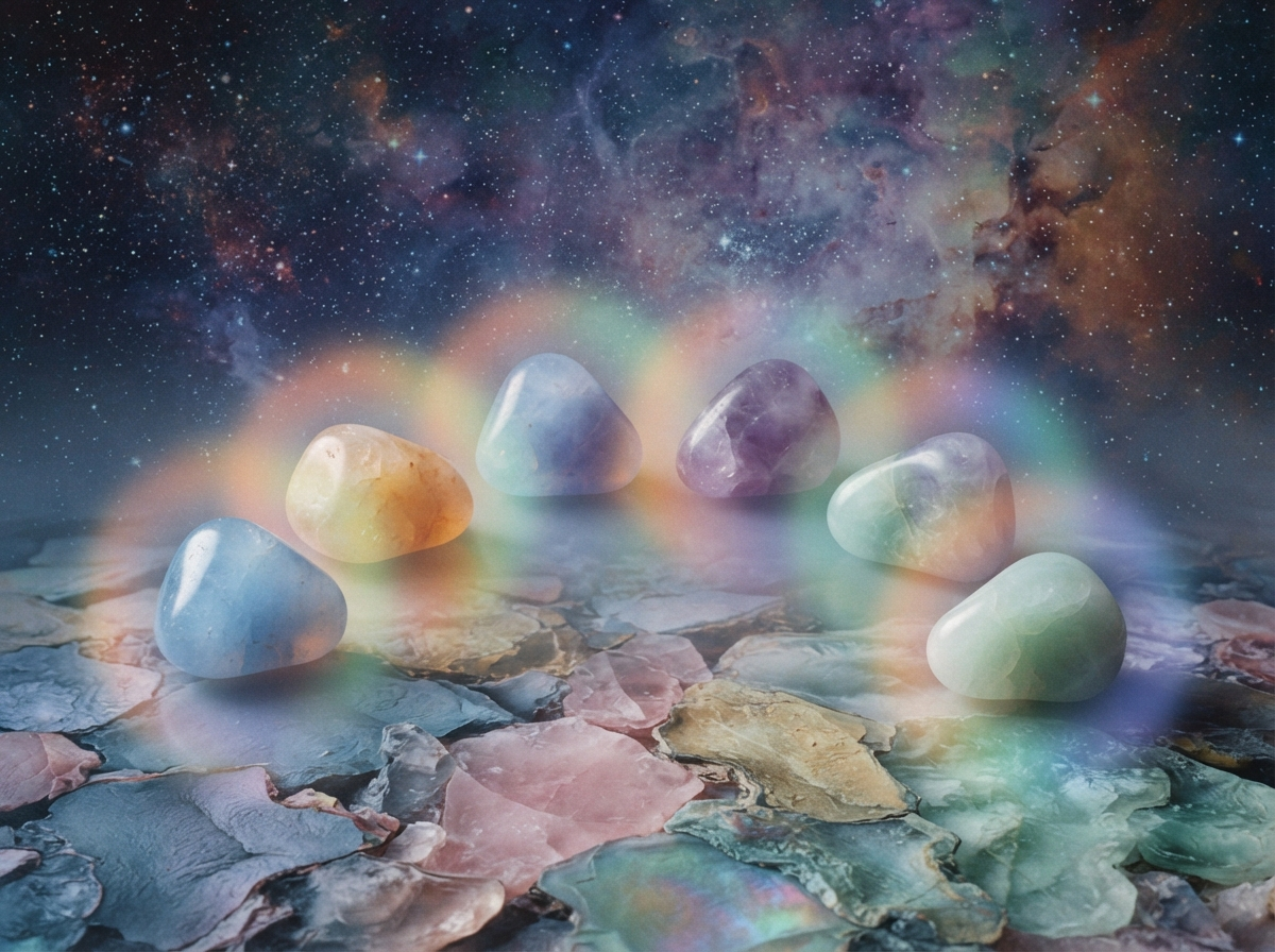Six luminous celestial stones above a prismatic landscape