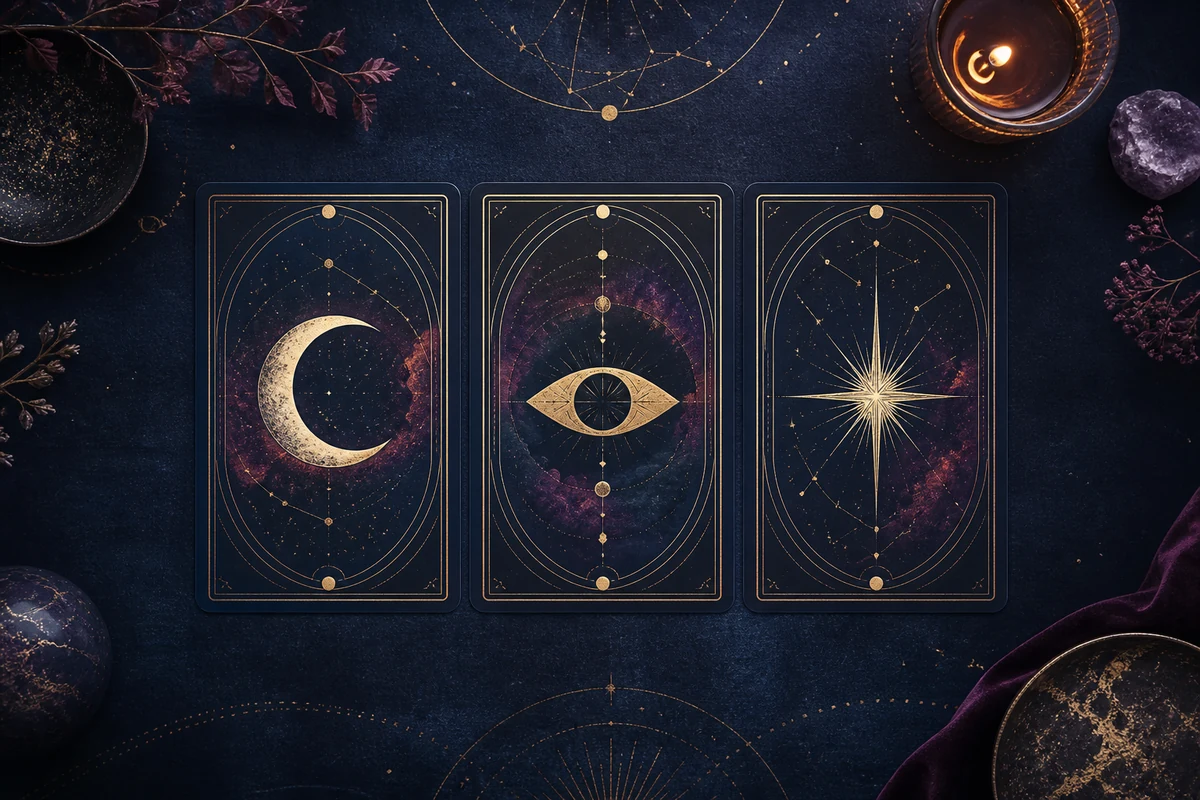 Three upright tarot cards with moon, eye, and star symbols